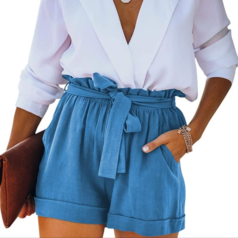 ELAN LIGHTWEIGHT HIGH RISE BOWKNOT PAPER BAG DENIM LOOK SHORTS MEDIUM